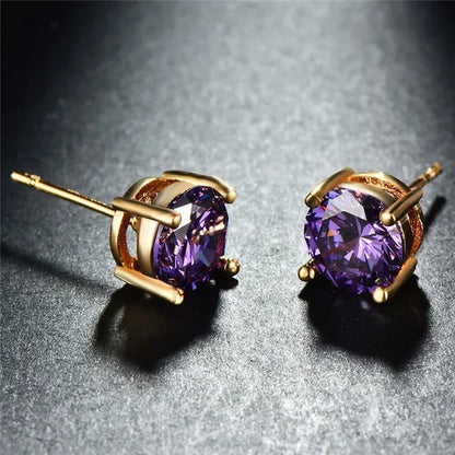 Elegant Round Cut Amethyst Topaz Lab-created Yellow Gold Ear Studs Fashion Earrings for Women