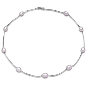 Real 925 Sterling Silver Natural White Ellipse Freshwater Pearl Chain Necklace for Women Gifts FEIGE