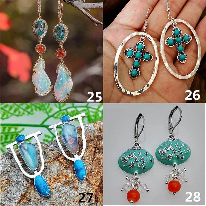 1 Pair Antique 925 Sterling Silver Pendant Earrings Natural Gemstone Inlay Dangle Earrings Bridal Engagement Wedding Anniversary Gift Bohemian Style Earrings