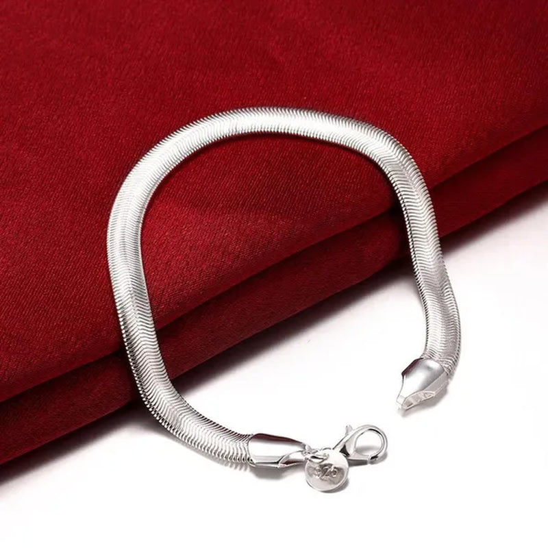 Women's Charm 925 Sterling Silver 6MM Fine Soft Flat Snake Chain Bracelets Elegant Necklace Bridal Wedding Jewelry Set