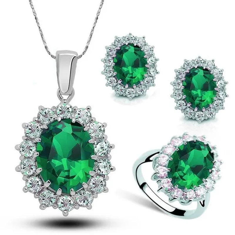 Fashion Natural 925 Silver Sapphire Ring Earring Necklace Set Ladies High-End Crystal Diamond Three-Piece Set Women'S Wedding Jewelry Party Gift Europe and America