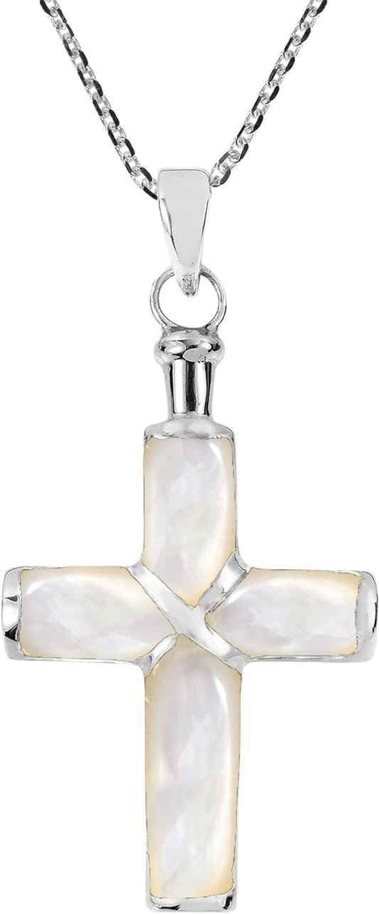 Spiritual Christian Cross White Mother of Pearl Inlaid .925 Sterling Silver Pendant Necklace | Religous Necklace Jewelry for Women | Jewelry Gift