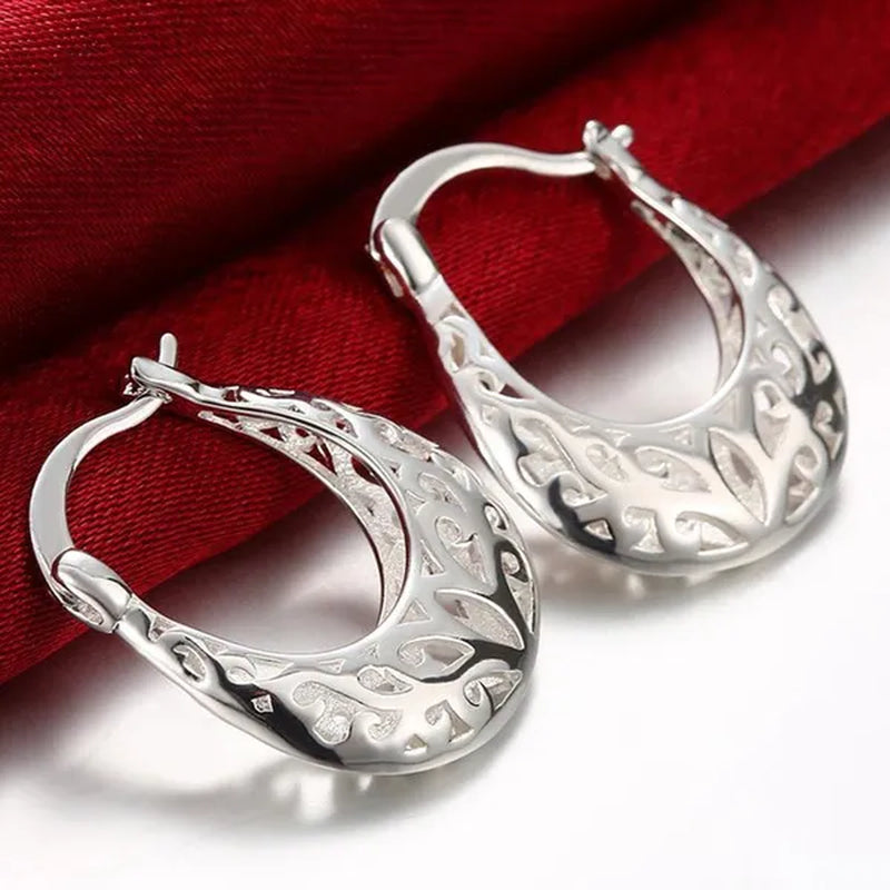 FASHION 925 Sterling Silver Jewelry Filigree Hoop Earrings for Women Charm Jewelry