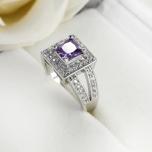 Trendy Silver Color Classic Purple Zircon Women'S Ring Bridal Wedding Anniversary Christmas Gift Beach Party Jewelry Size 6-10 Bague Femme