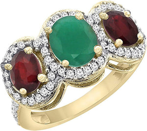 14K Yellow Gold Natural Cabochon Emerald & Enhanced Ruby 3-Stone Ring Oval Diamond Accent, Sizes 5-10