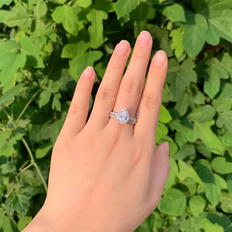 Newshe Halo Pear Shape Solid 925 Sterling Silver Wedding Engagement Rings For Women Water Drop AAAAA  Bridal Set Sz 4-13