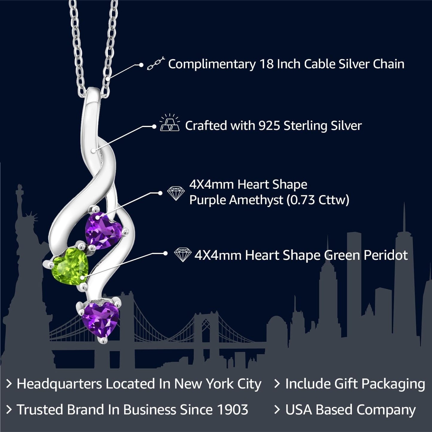 925 Sterling Silver Purple Amethyst and Green Peridot Pendant Necklace for Women (0.73 Cttw, Gemstone February Birthstone, Heart Shape 4MM, with 18 Inch Silver Chain)