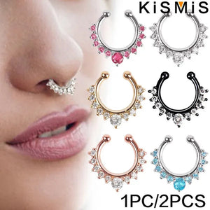 KISMIS 1PC/2Pcs Fashion Alloy Diamond Nose Rings Lip Ring Sexy Faux Septum Rings Fake Piercing Women Man Unisex Earring