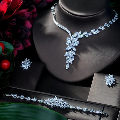 CANDICE Gorgeous Big Long Flower Pendant Necklace Earrings and Bracelet Bridal 3pcs Set Pave Brilliant Marquise Cubic Zirconia Platinum Plated Wedding Party Jewelry for Women