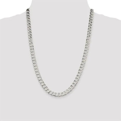 Fashion Solid 925 Silver 8Mm Close Link Flat Curb Cuban Chain Necklace with Secure Lobster Lock Clasp