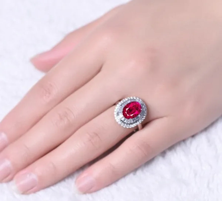 Huge  Silver Ruby & White Sapphire Birthstone Gemstones Engagement Wedding Anniversary Flower Ring