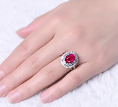 Huge  Silver Ruby & White Sapphire Birthstone Gemstones Engagement Wedding Anniversary Flower Ring