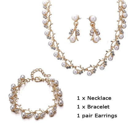 Elegant 3Pcs/Set Party Gift Wedding Bridal Jewelry Diamond Imitation Pearl Necklace Earring Sets