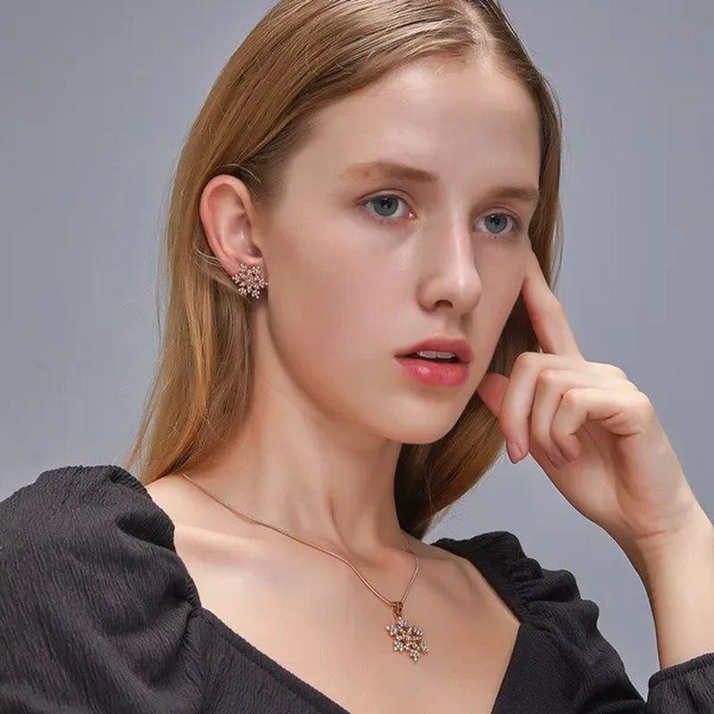 2pcs/set New Set of Jewellery Temperament Simple Full Diamond Snowflake Necklace Snowflake Earrings Valentine's Day Gift