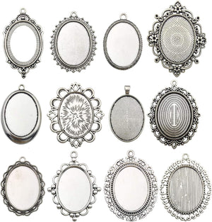 10 Pendant Trays, 30X40Mm, Blank Oval Cabochons Base Setting Bezel Frame Metal Cameo for Photo Pendant Jewelry Making (Antique Silver-Hm278)