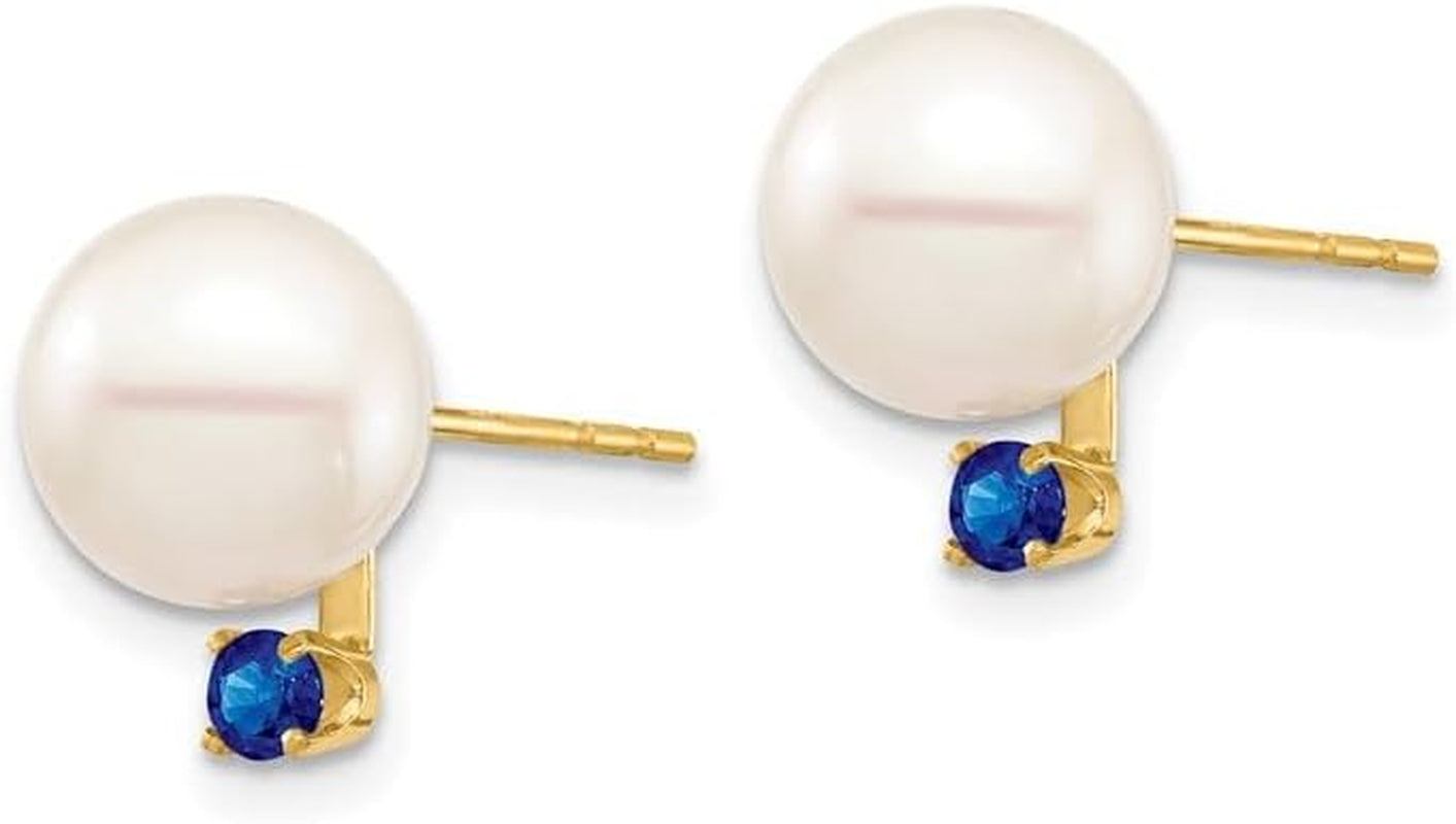 14K Yellow Gold White round Shape Freshwater Cultured Pearl Sapphire Post Earrings Fine Jewelry for Women Gifts for Her (8-8.5Mm)