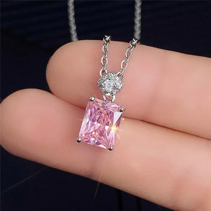 Fashion Jewellery Simplicity Elegant Pink Sapphire Necklace 925 Sterling Silver Banquet Engagement Diamond Pendant Necklace