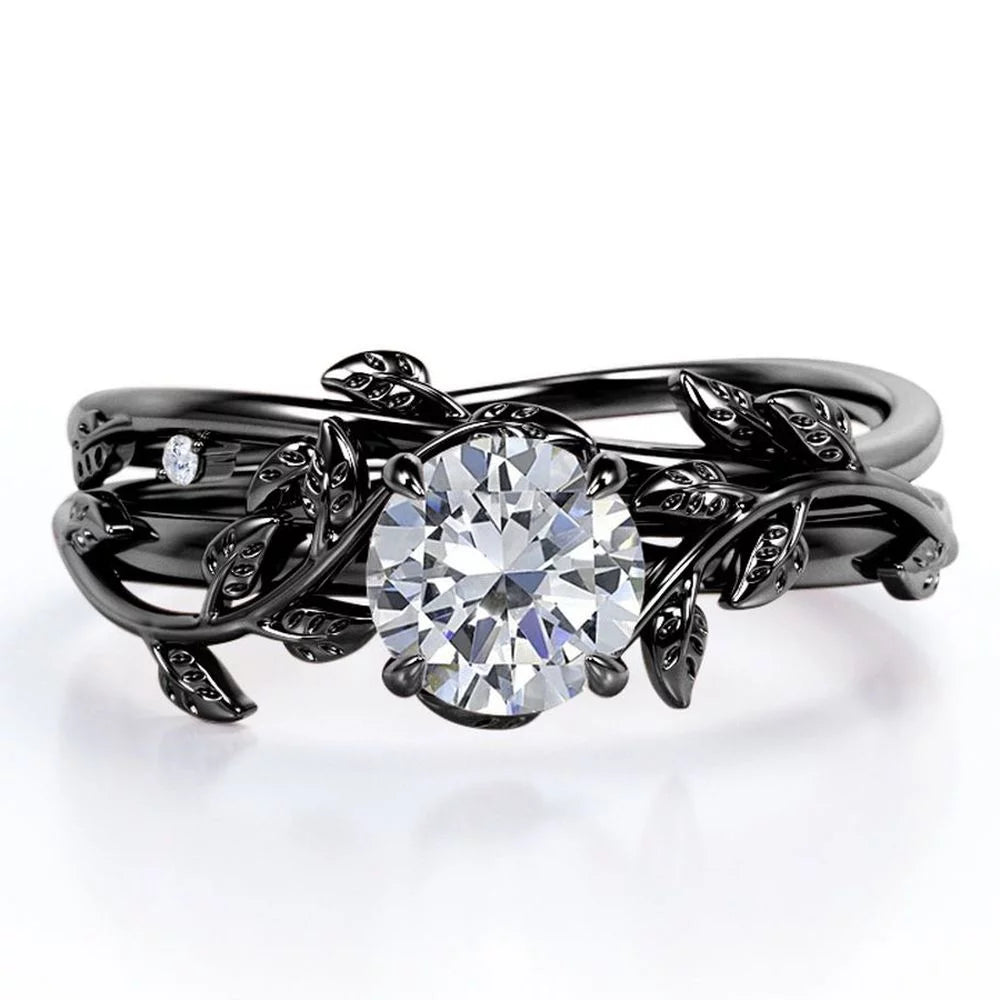 Half Carat round Real Diamond Bridal Set - Leaf and Vine Diamond Wedding Ring Set - 10K Black Gold