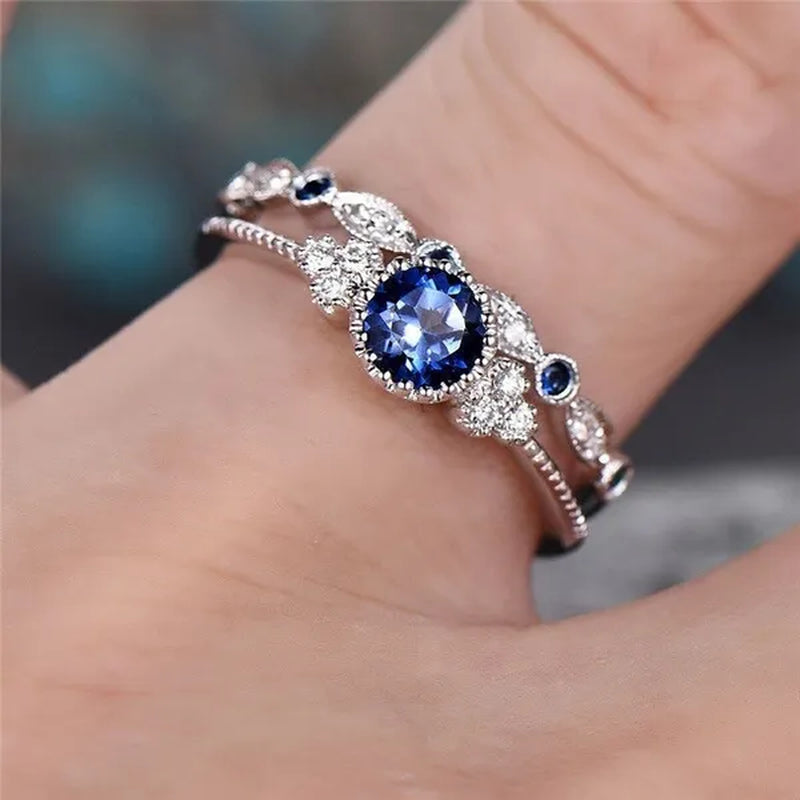 New Trendy 2019 Hot Sale Wedding Rings Set Natural Amethyst Sapphire Ring for Women Fashion Silver Jewelry with Gemstone Party Gift