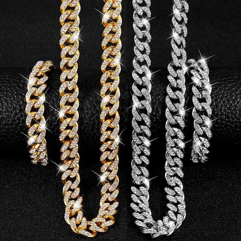 A Set(Bracelet+Necklace) 13MM Width Cuban Link Chain Gold Silver Plated Bling Miami Cuban Necklace Bracelet Diamond Chain for Fashion Men and Women Iced Out Hip Hop Jewelry Set