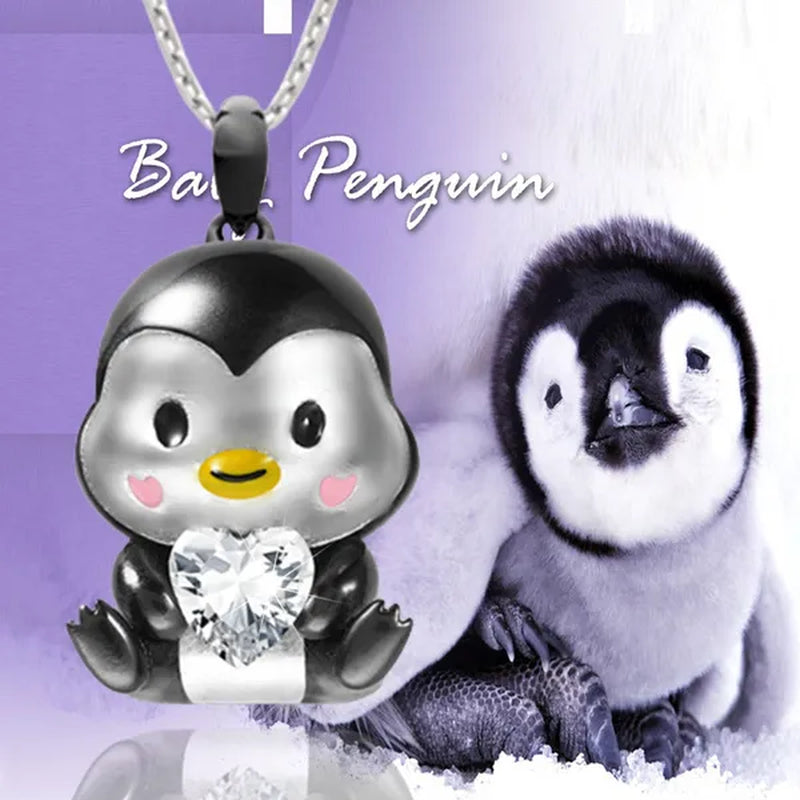 Creative 925 Sterling Silver Cartoon Penguin Heart Shape Crystal Diamond Pendant Necklace for Women Cute Girls Accessories Animal Jewelry Birthday Party Gifts
