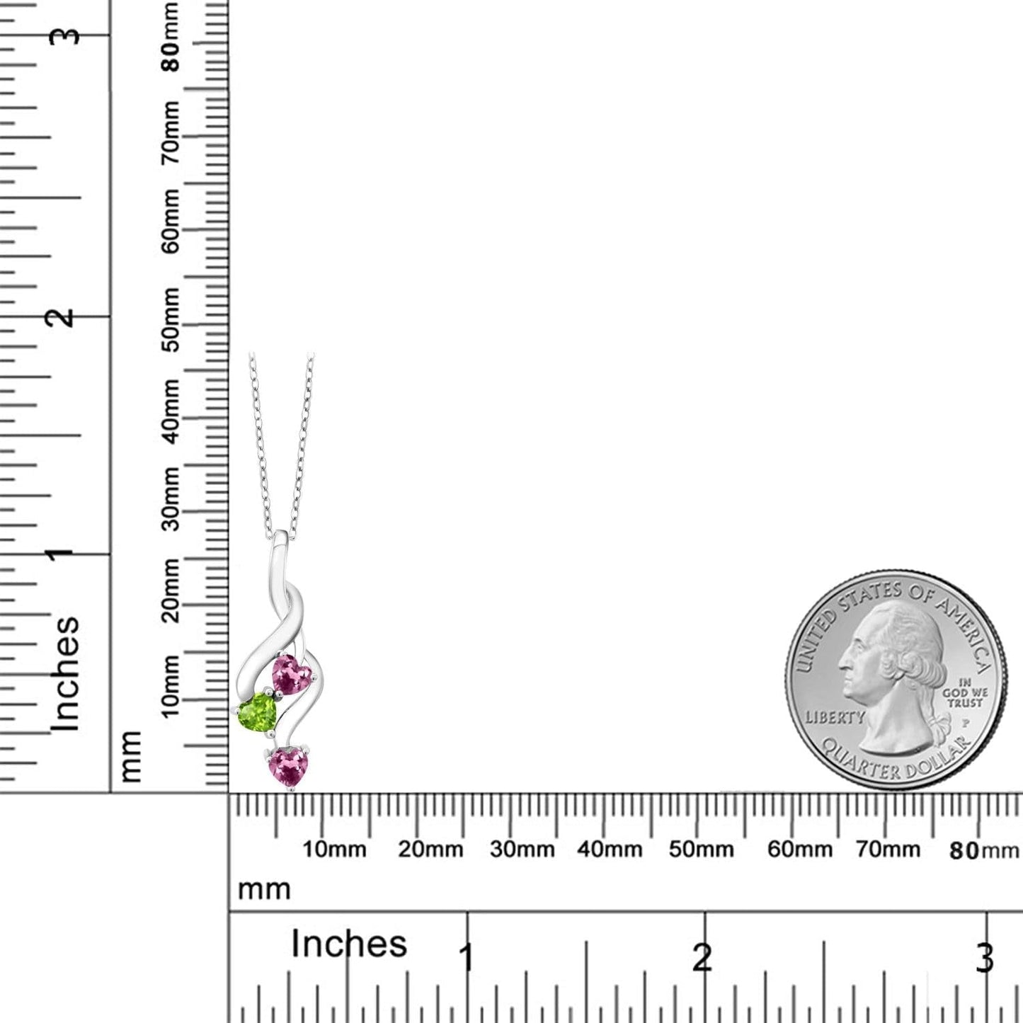 925 Sterling Silver Pink Tourmaline and Green Peridot Pendant Necklace for Women (0.68 Cttw, Gemstone October Birthstone, Heart Shape 4MM, with 18 Inch Silver Chain)