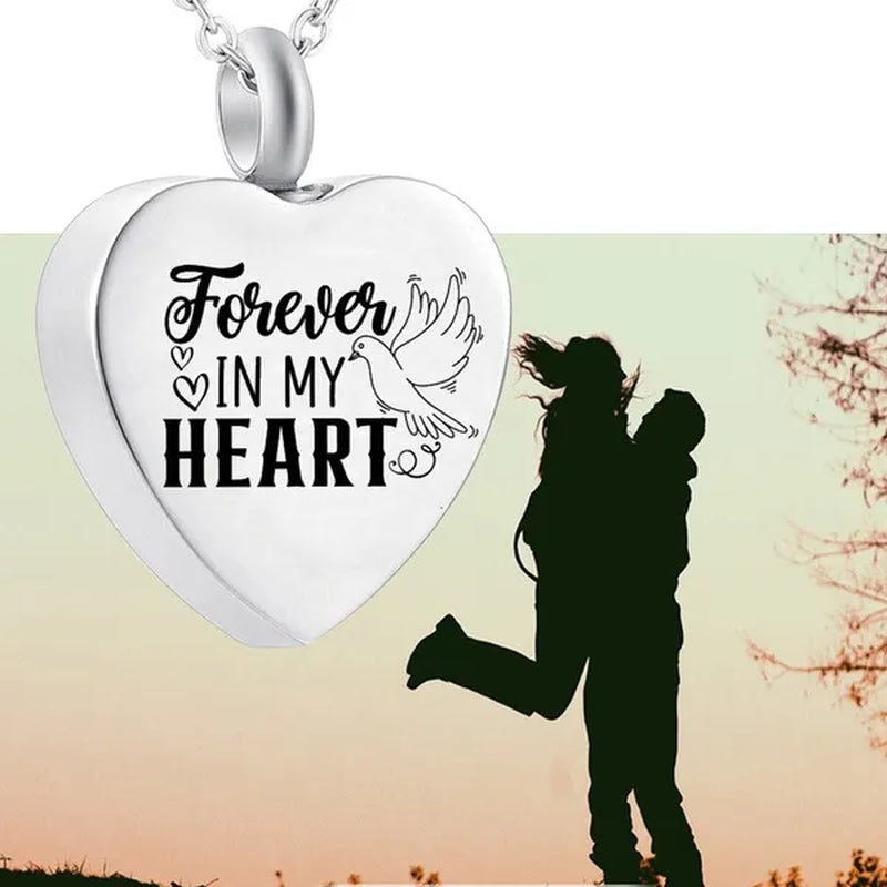 Heart Dove Pendant Necklace Cremation Jewelry Urn Stainless Steel Ashes Jar Keepsake-Forever in My Heart