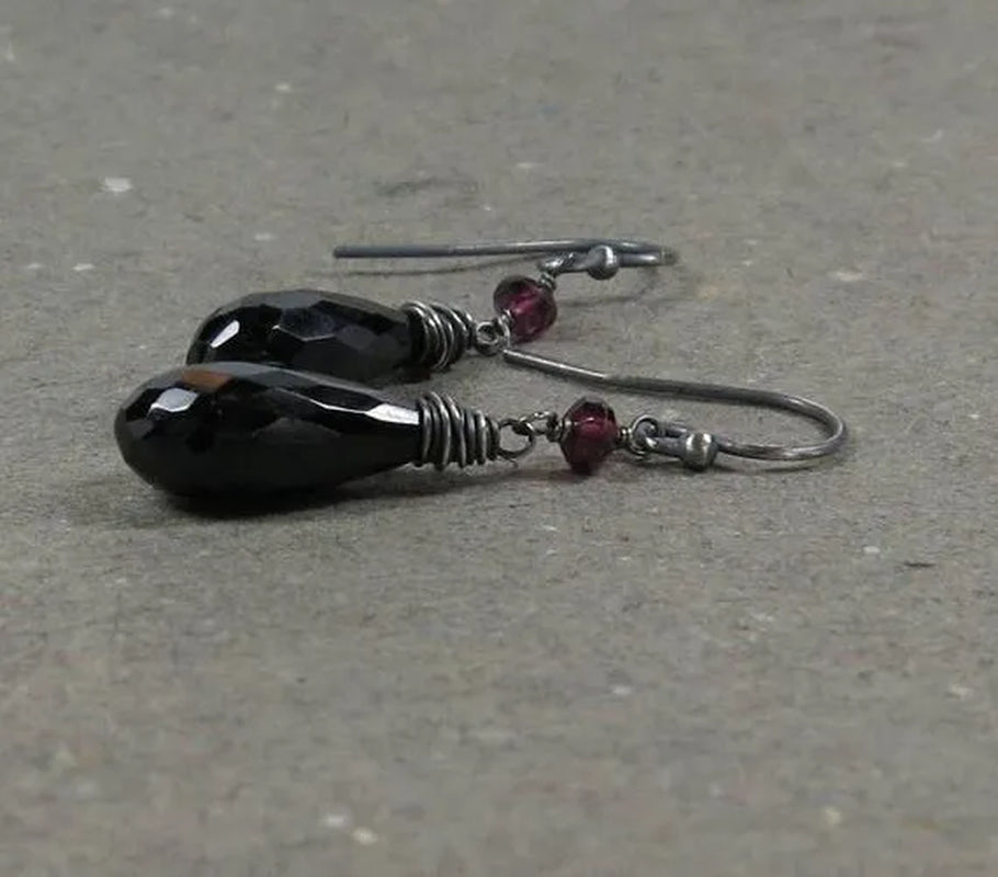 Black Spinel Earrings Pink Tourmaline Long Earrings
