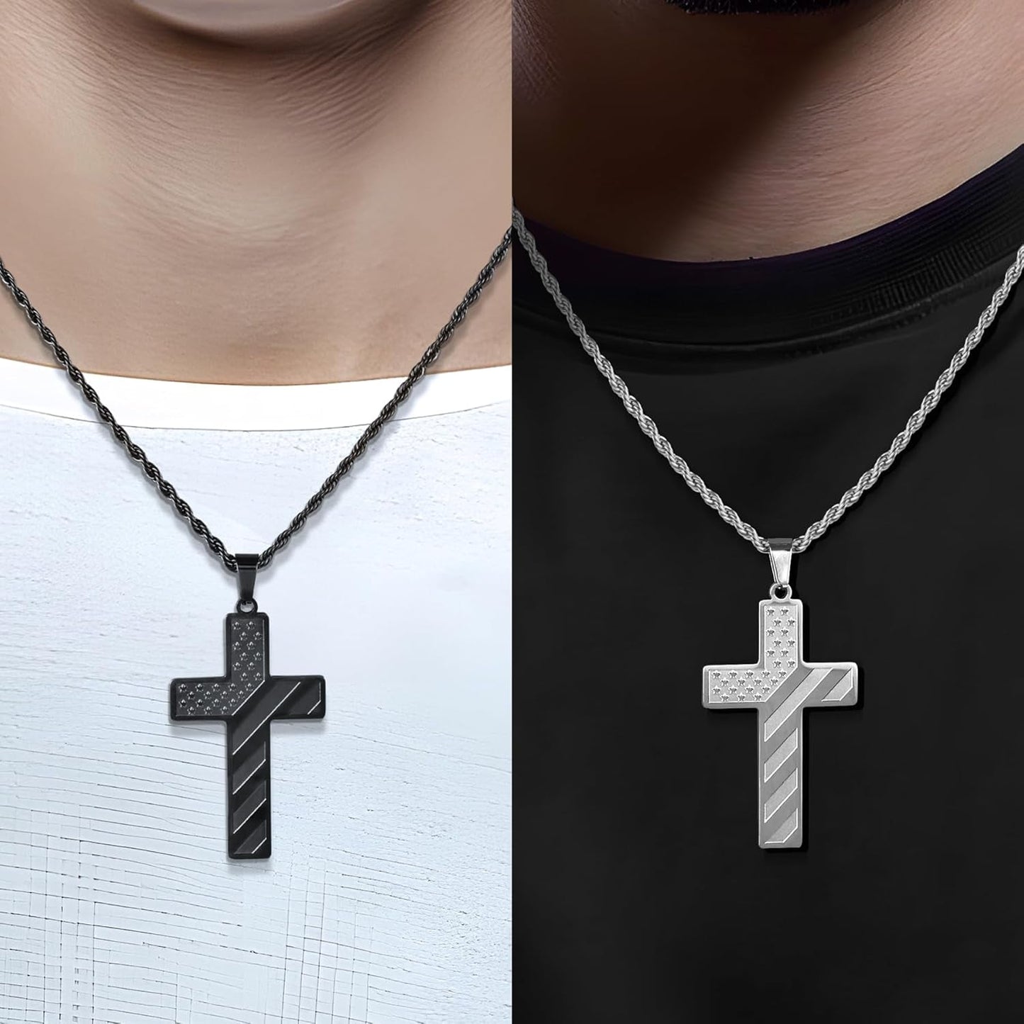 2Pcs Valentines Day Gifts Cross Necklace for Men Boys, Bible Verse Stainless Steel Silver Black American Flag Chains for Men Pendant Jewelry Box
