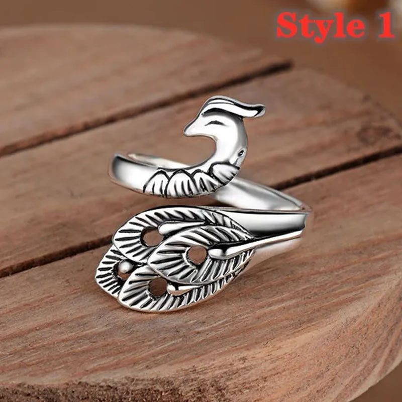 Fashion Retro 925 Sterling Silver Peacock Phoenix Open Adjustable Ring Women's Cocktail Party Animal Ring