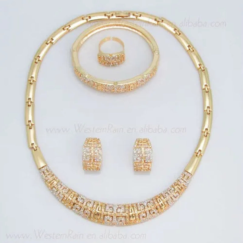 Fashion Jewelry Set Women Gold Plated Crystal Necklace Bracelet Earrings Gift Set