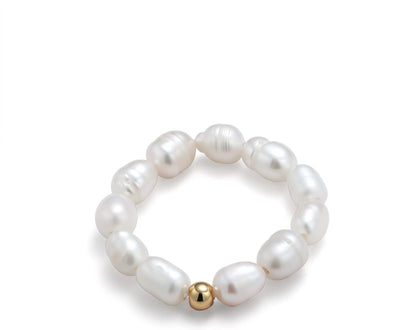 Stretch Freshwater Pearl Rings with 14K Gold Plated Beaded Adjustable Stackable Rings Holiday Gift for Women Girls