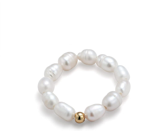 Stretch Freshwater Pearl Rings with 14K Gold Plated Beaded Adjustable Stackable Rings Holiday Gift for Women Girls