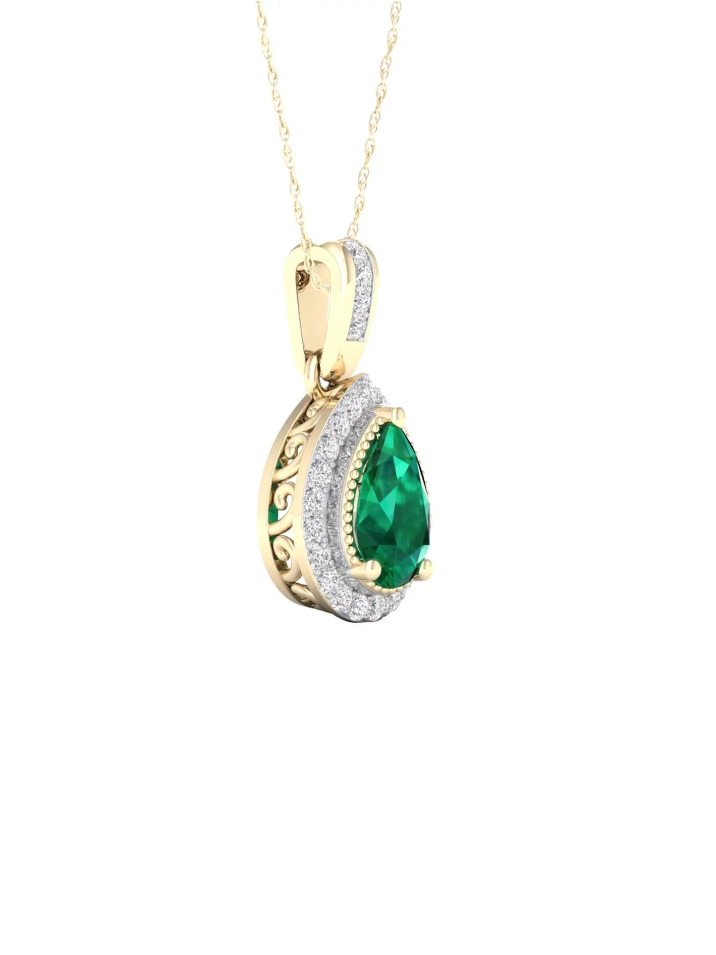 Gemstone 10K Yellow Gold Emerald 1/10 CT TW Diamond Halo Necklace