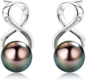 Infinity Earrings AAA Top Grade Genuine Tahitian Black Pearl 8-9Mm 18K Gold Plated 925 Sterling Silver – Birthday Anniversary Jewelry Gifts for Women (18K White Gold)