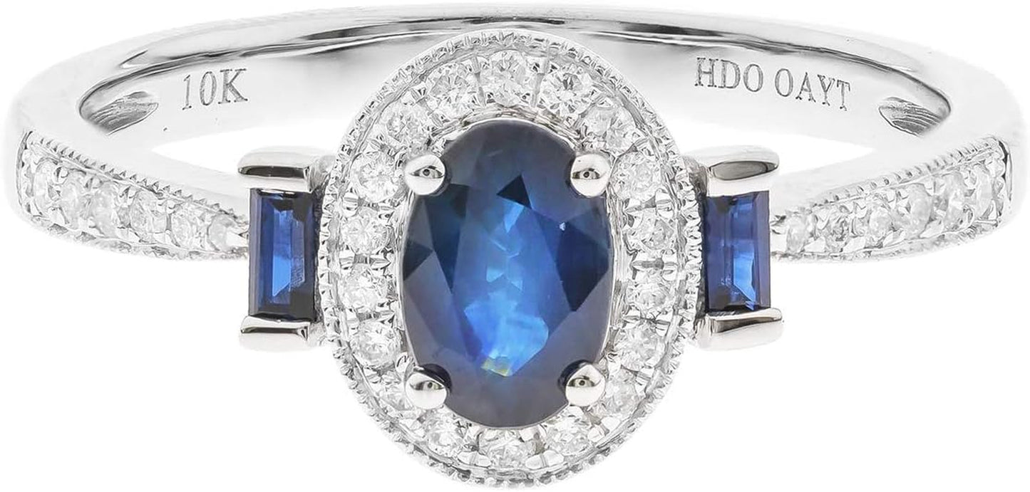 Gin and Grace 10K White Gold Genuine Blue Sapphire Ring with Diamonds for Women | Ethically, Authentically & Organically Sourced (Oval-Cut) Shaped Sapphire Hand-Crafted Jewelry for Her | Sapphire Ring for Women