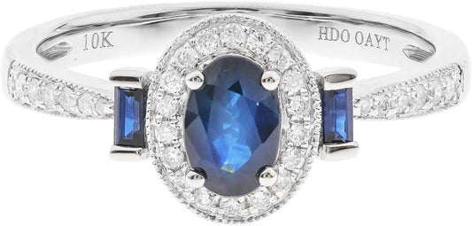 Gin and Grace 10K White Gold Genuine Blue Sapphire Ring with Diamonds for Women | Ethically, Authentically & Organically Sourced (Oval-Cut) Shaped Sapphire Hand-Crafted Jewelry for Her | Sapphire Ring for Women