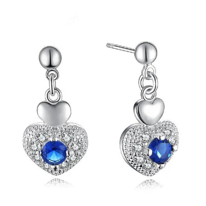 925 Sterling Silver Heart Blue Zircon Crystal Pendant Necklace Earrings for Women Party Wedding Jewelry Set