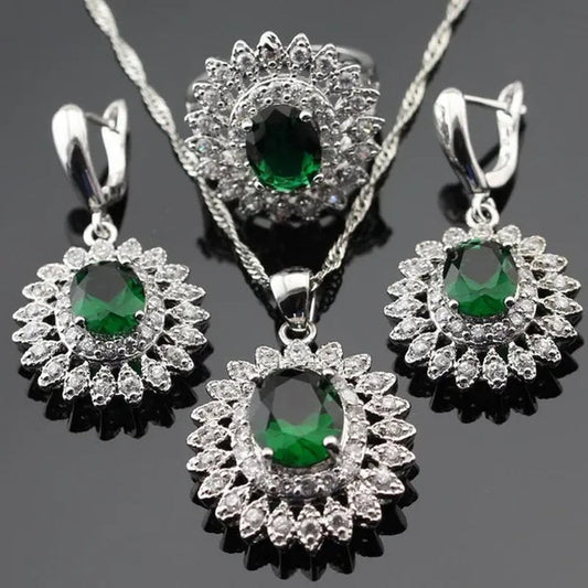 Flower Shaped 925 Silver Jewelry Sets Green Zircon Necklace Pendant Drop Earrings Ring for Women Dating Gift