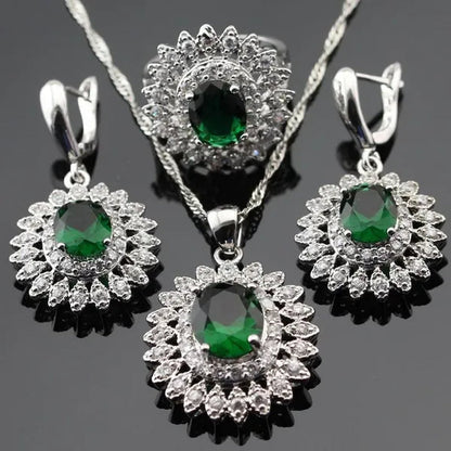 Flower Shaped 925 Silver Jewelry Sets Green Zircon Necklace Pendant Drop Earrings Ring For Women  Dating Gift