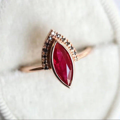 Unique Natural Rhombus 2 in 1 Ruby Engagement Ring Marquise Bridal Wedding Ring with Black Diamonds Women Ruby Ring Diamond Fine Jewelry Set （Size 5-11）