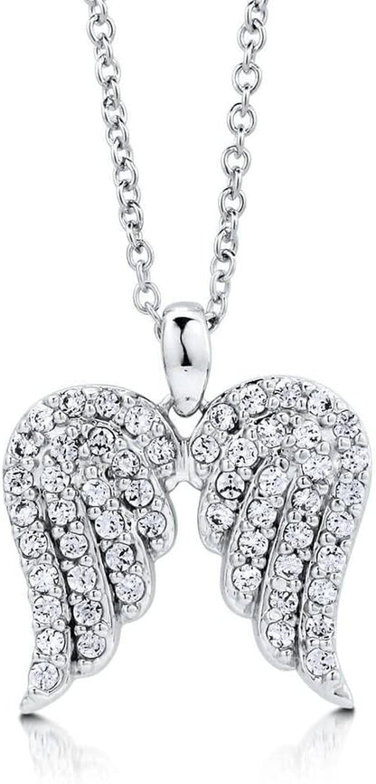 Sterling Silver Angel Wings Cubic Zirconia CZ Fashion Pendant Necklace for Women, Rhodium Plated