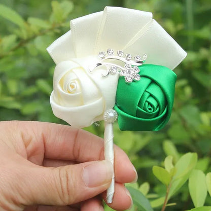 Handmade 8piece/lot Colorful Silk Rose Wedding Corsages Boutonniere Groom Diamond Wedding Flowers Boutonniere Brooch Flower