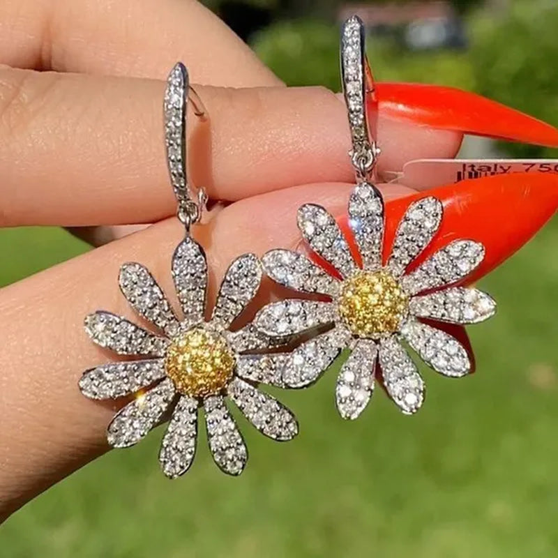 Fashion Silver Colour Fine round Flower Shape White Zirconia Women'S Earrings Wedding Anniversary Christmas Beach Party Jewellery