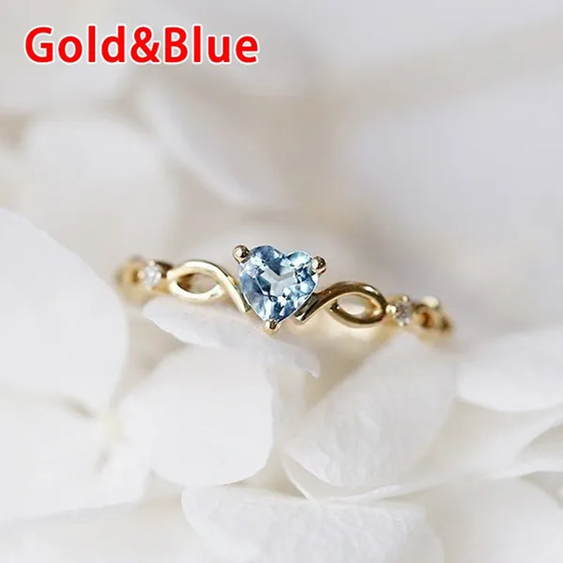 (6 Colors) Simple and Exquisite Women'S Gold -Plated Sky Blue Heart-Shaped Sapphire Diamond Fashion Ring Engagement Wedding Gift Birthday Party High Jewelry (Size 5-11)