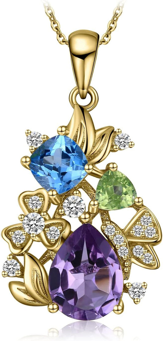 Flower Genuine Amethyst Peridot Blue Topaz Pendant Necklace for Women, Multicolor 925 Sterling Silver Necklaces, Natural Gemstone Jewelry Sets 18 Inches Chain