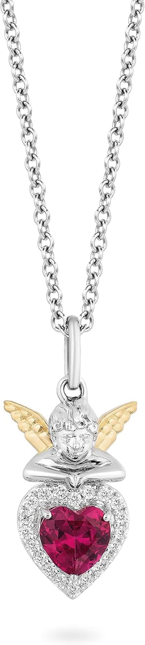 Hallmark Fine Jewelry Sterling Silver and 14K Yellow Gold Created Ruby with 1/10 Cttw Natural White round Diamonds Cherub with Heart Pendant Necklace, 18" Cable Chain