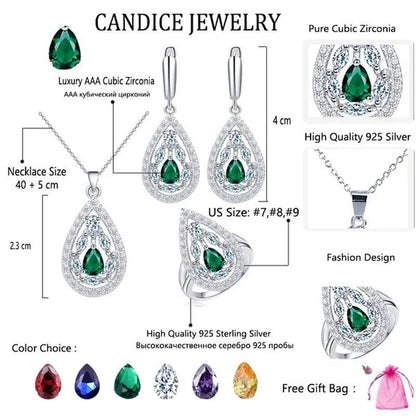 CANDICE Women's Sterling Silver Plated Jewelry Set Summer New Fashion Blue Zircon Necklace Pendant Earrings Ring（US 7-9)