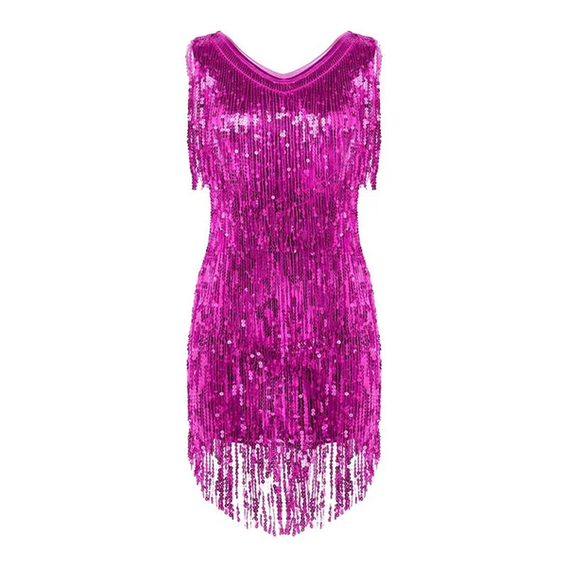 Women's Gowns V Neck Sparkling Sequin Tassels Rhythm Ballroom Salsa Samba Rumba Tango Latin Dance Dress