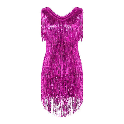 Women's Gowns V Neck Sparkling Sequin Tassels Rhythm Ballroom Salsa Samba Rumba Tango Latin Dance Dress